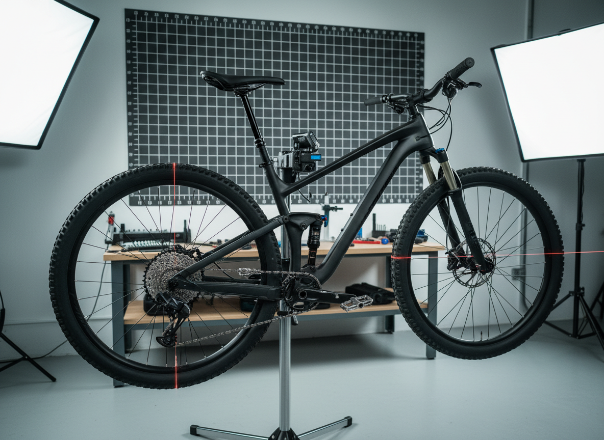 A high-end matte black full-suspension mountain bike mounted securely on a precision bike fitting stand in a spotless studio, with gleaming silver MTB clipless pedals prominently visible. The frame’s welds, cable routing, and textured rubber grips are crisp in photographic detail. Surrounding the bike are neatly arranged tools, laser alignment devices, and a large wall-mounted measuring grid. Cool, diffused studio lighting from both sides creates soft reflections on metal surfaces and gentle shadows on the light grey floor. Shot at eye level with a slight three-quarter angle, the composition places the pedals on the rule of thirds, keeping the background slightly blurred. The mood is professional, technical, and trustworthy, emphasizing exacting bike fit and premium components in a clean, modern aesthetic.
